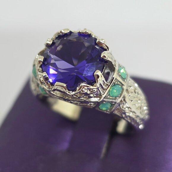 Faux Purple Amethyst Green Opal Filigree Silver Cocktail Ring Marked 925 SZ 7.25 - Picture 1 of 13